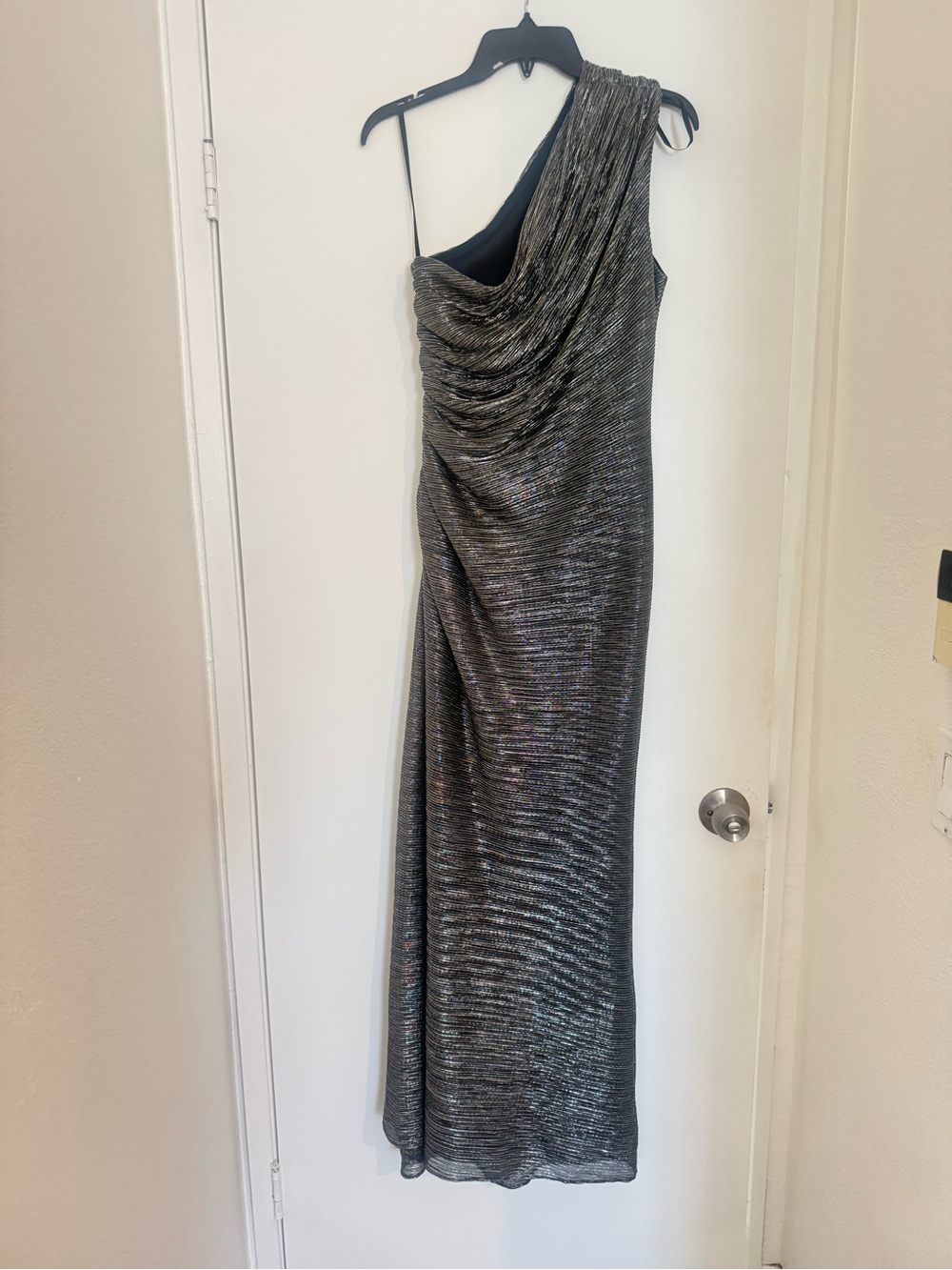 Betsy & Adam Metallic One-Shoulder Evening Gown - Silver